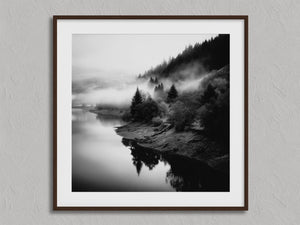 Mistwater Valley shown in a walnut frame with a white border or mount.