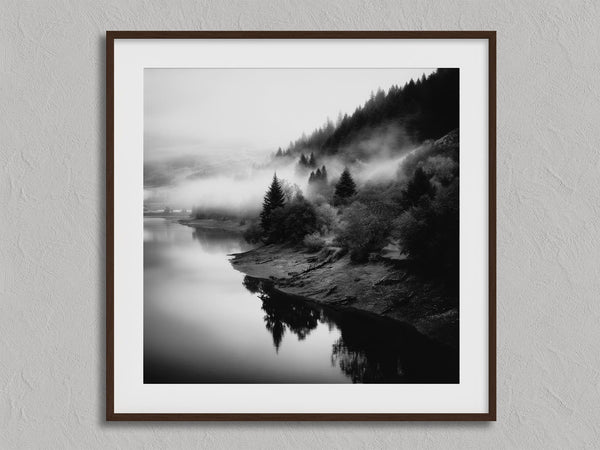 Mistwater Valley shown in a walnut frame with a white border or mount.