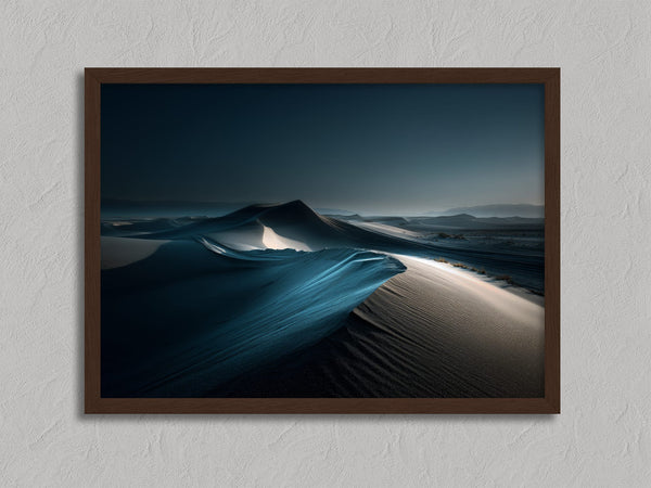 Blue Hour Dunes artwork in a dark wood frame against a textured light gray wall.
