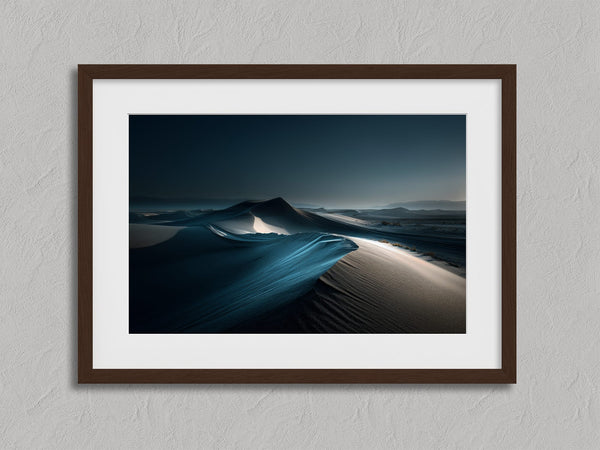 Blue Hour Dunes artwork with a wide white mat in a dark wood frame.