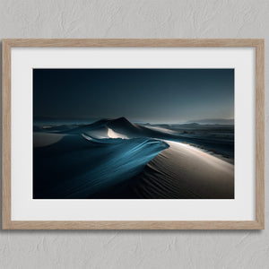 Blue Hour Dunes shown in an oak frame with a white border or mount.