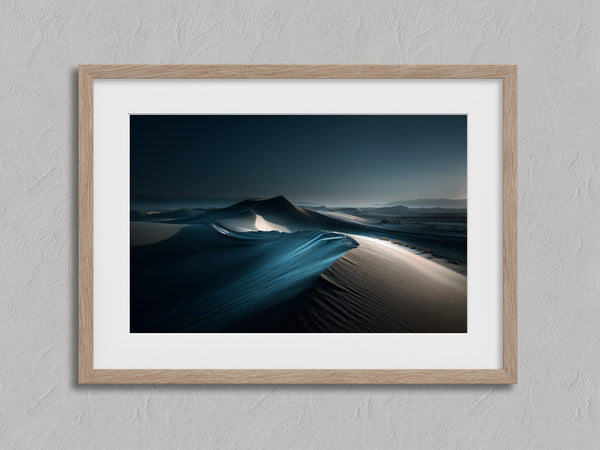 Blue Hour Dunes shown in an oak frame with a white border or mount.