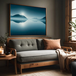 Blue mountain lake artwork in a slim wood frame above a gray sofa beside a window.