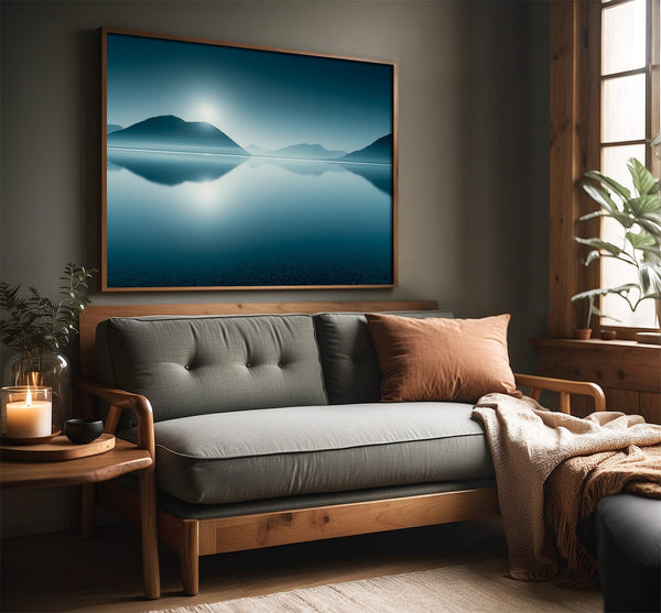 Blue mountain lake artwork in a slim wood frame above a gray sofa beside a window.