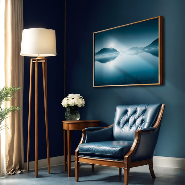 Framed blue mountain lake artwork on a dark blue wall beside a floor lamp and armchair.