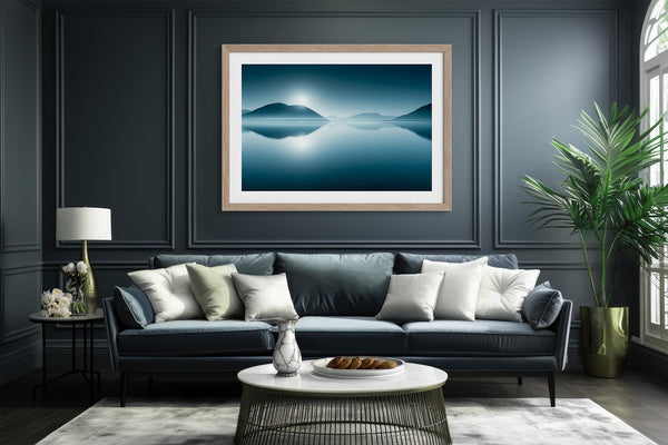 Blue Mirror print in a light wood frame above a dark sofa with pale cushions.