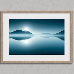 Blue Mirror shown in an oak frame with a white border or mount.