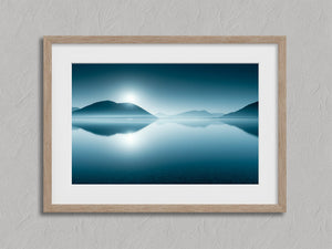 Blue Mirror shown in an oak frame with a white border or mount.