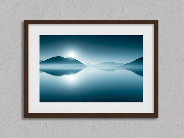 Blue Mirror shown in a walnut frame with a white border or mount.