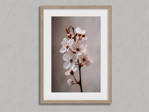 Blossom in Still Air shown in an oak frame with a white border or mount.