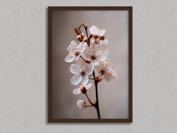 Blossom in Still Air shown in a walnut frame without a border or mount.