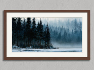 Winter Stillwater shown in a walnut frame with a white border or mount.