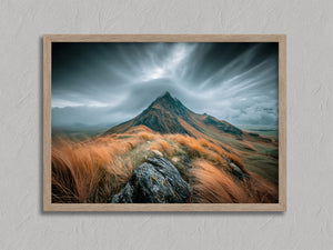 Highland Storm shown in an oak frame without a border or mount.