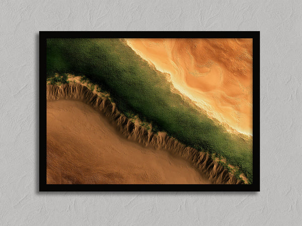 Edge of the Oasis shown in a black frame without a border or mount.