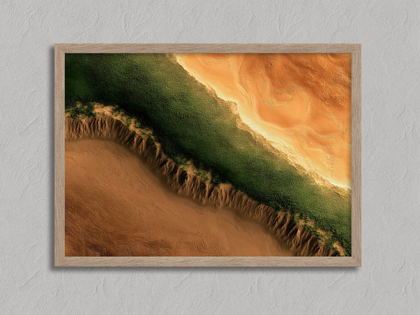 Edge of the Oasis shown in an oak frame without a border or mount.