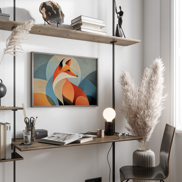 Framed geometric orange fox wall art above a wood desk with shelves, lamp, and pampas grass.