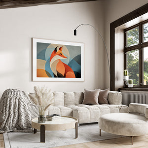 White-framed geometric fox print above a cream sofa beside a large dark-trimmed window.