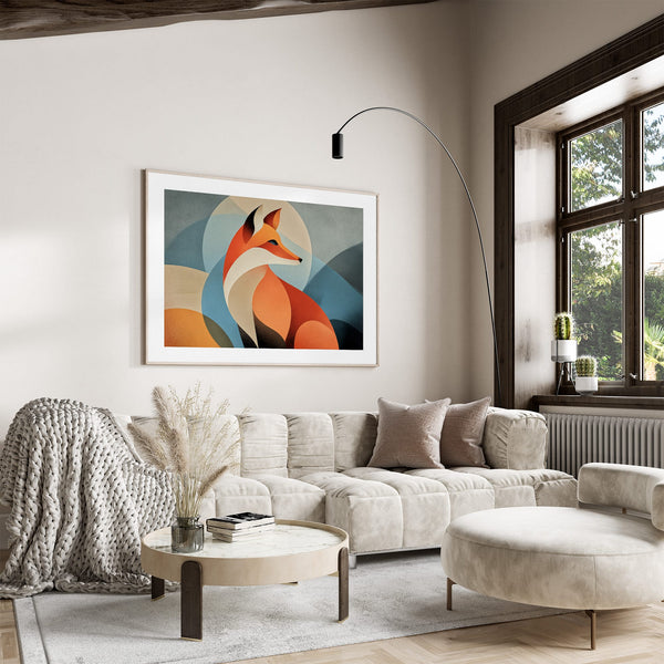White-framed geometric fox print above a cream sofa beside a large dark-trimmed window.