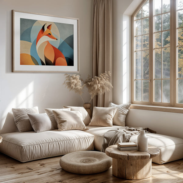 Light wood-framed geometric fox print above a cushioned window seat with neutral pillows and a round wood table.