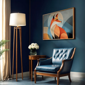 Gold-framed geometric fox wall art on a deep blue wall above a blue leather armchair.