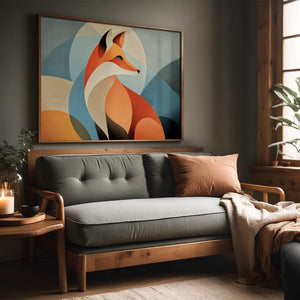 Wood-framed geometric fox print above a gray upholstered wood sofa beside a sunlit window.