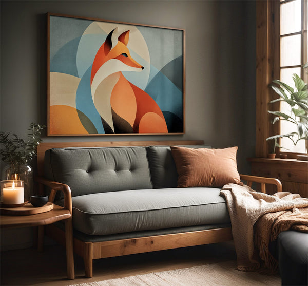 Wood-framed geometric fox print above a gray upholstered wood sofa beside a sunlit window.