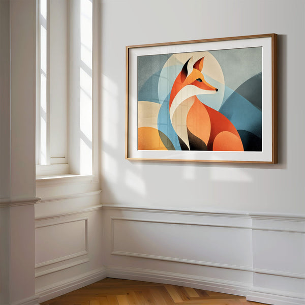 Light wood-framed geometric fox print displayed on a white paneled wall near tall windows.