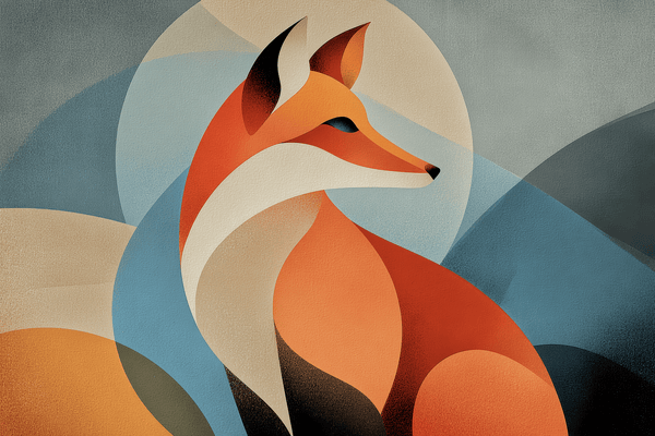 Stylised orange fox in profile with geometric teal hills and a pale moon