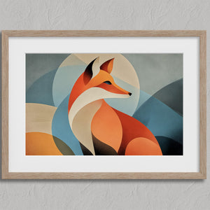Ember Fox shown in an oak frame with a white border or mount.