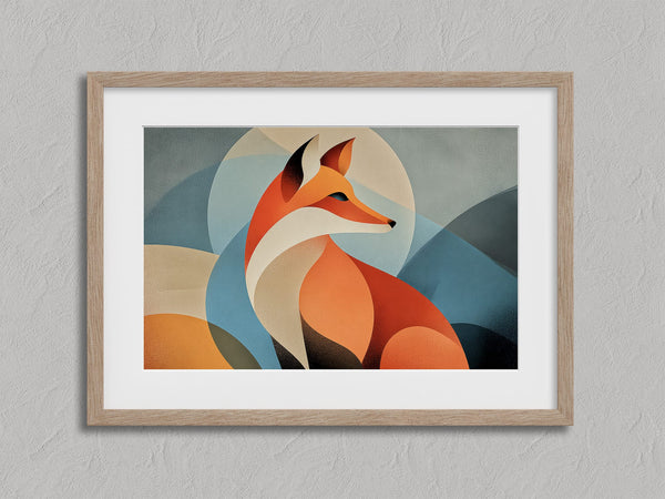 Ember Fox shown in an oak frame with a white border or mount.