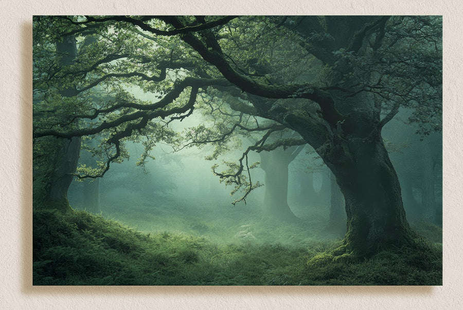 Sanctuary of Stillness – cuadro en lienzo de bosque con niebla