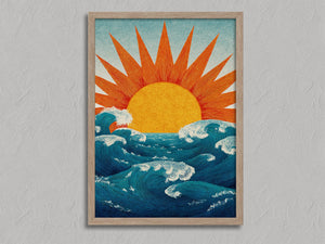 Sunrise Over Wild Water shown in an oak frame without a border or mount.