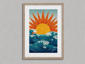 Sunrise Over Wild Water shown in an oak frame with a white border or mount.