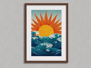 Sunrise Over Wild Water shown in a walnut frame with a white border or mount.
