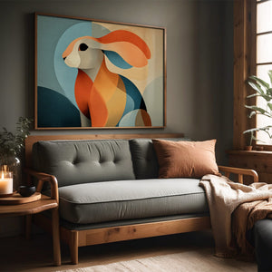 Framed abstract hare artwork above a gray wooden sofa beside a sunlit window.