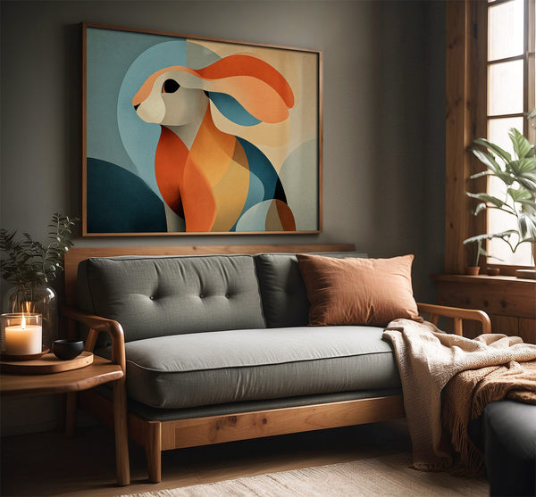 Framed abstract hare artwork above a gray wooden sofa beside a sunlit window.