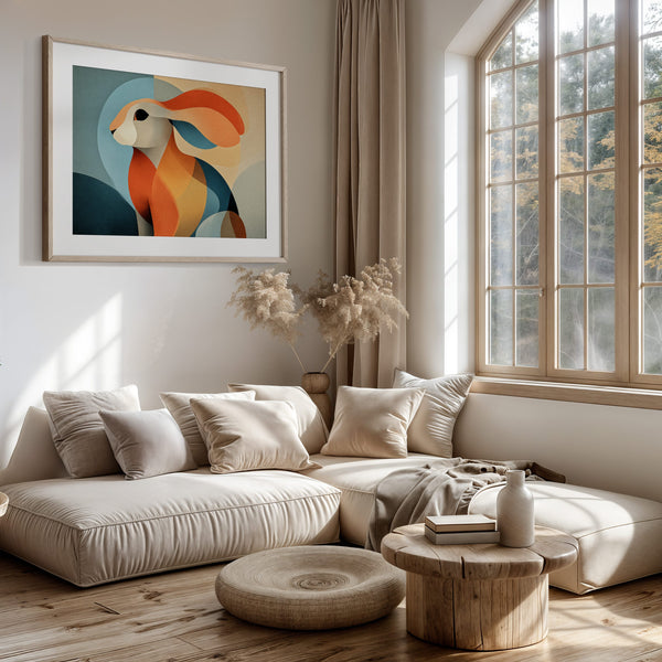 White-framed abstract hare print above a low cream sectional near tall arched windows.