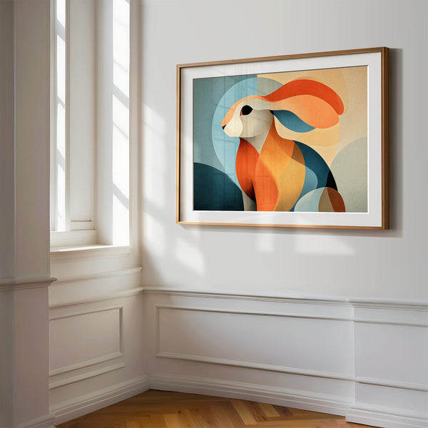 Close view of a wood-framed abstract hare print on a white paneled wall.