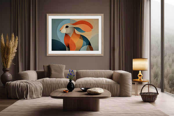 Light-framed abstract hare artwork above a cream sectional with a round wood coffee table.