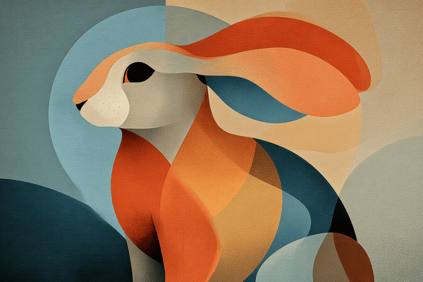 Stylised hare in profile with long flowing ears, formed from orange, ochre, teal and blue geometric shapes across an abstract landscape.