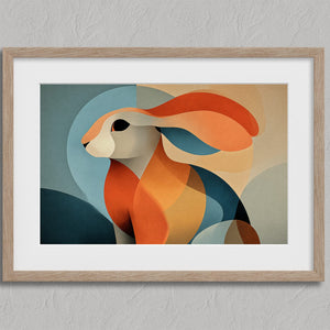 Hare Across the Hills shown in an oak frame with a white border or mount.