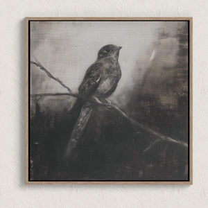 Canvas wall art of a solitary nightjar in monochrome. A contemplative charcoal bird print, ready to hang.