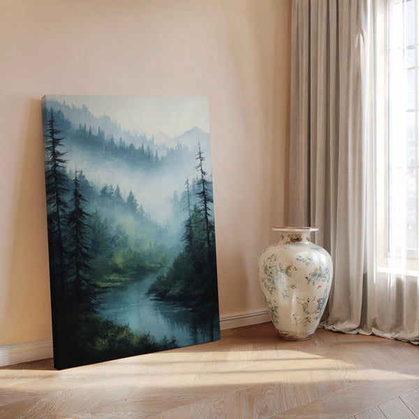 Canvas wall art of misty mountains, pines, and a calm river. A tranquil forest print in soft blues and greens. Ready to hang.
