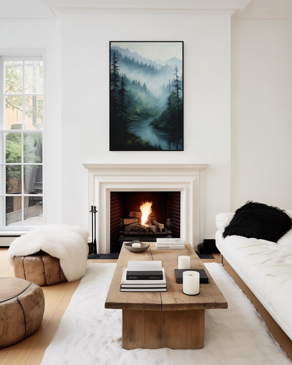 Canvas wall art of misty mountains, pines, and a calm river. A tranquil forest print in soft blues and greens. Ready to hang.