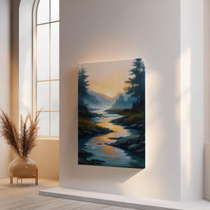 Sunrise river canvas wall art styled in a calm neutral interior