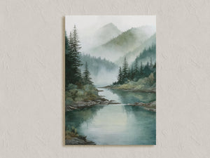 Unframed evergreen mountain landscape canvas print with soft fog