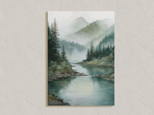 Canvas wall art of misty mountains and evergreens. A tranquil, calming landscape print for peaceful interiors. Ready to hang.