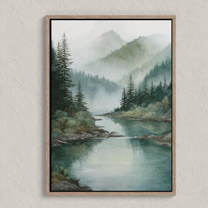 Canvas wall art of misty mountains and evergreens. A tranquil, calming landscape print for peaceful interiors. Ready to hang.