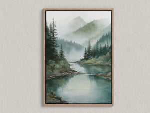 Misty mountain canvas wall art with evergreen silhouettes and soft fog