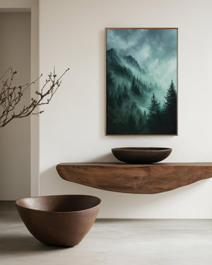 Emerald mountain canvas wall art styled in a calm neutral interior